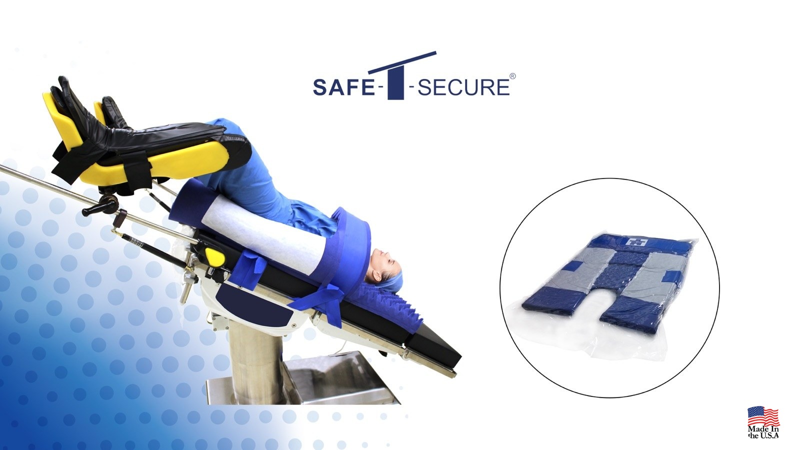 Safe-T-Secure all-in-one Trendelenburg positioner with integrated white handles, shown with the vacuum-sealed package