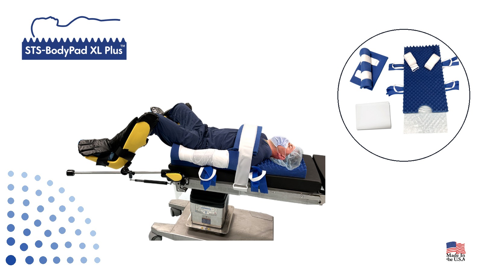 STS-BodyPad kit-based positioning system with pad, lift sheet, straps, and arm protectors