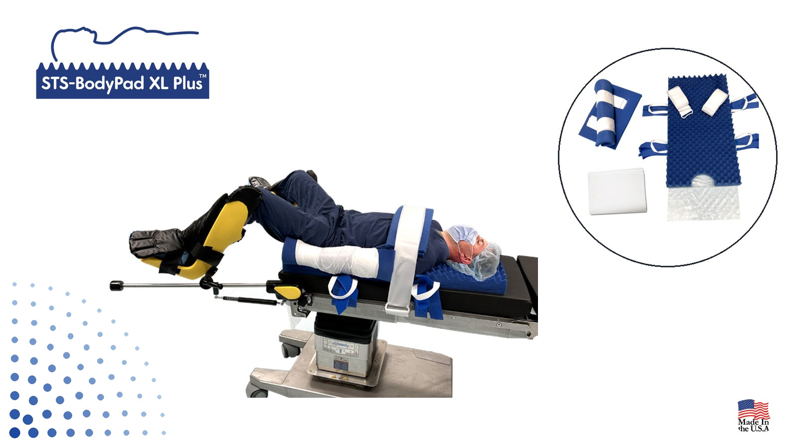 STS-BodyPad kit-based positioning system with pad, lift sheet, straps, and arm protectors